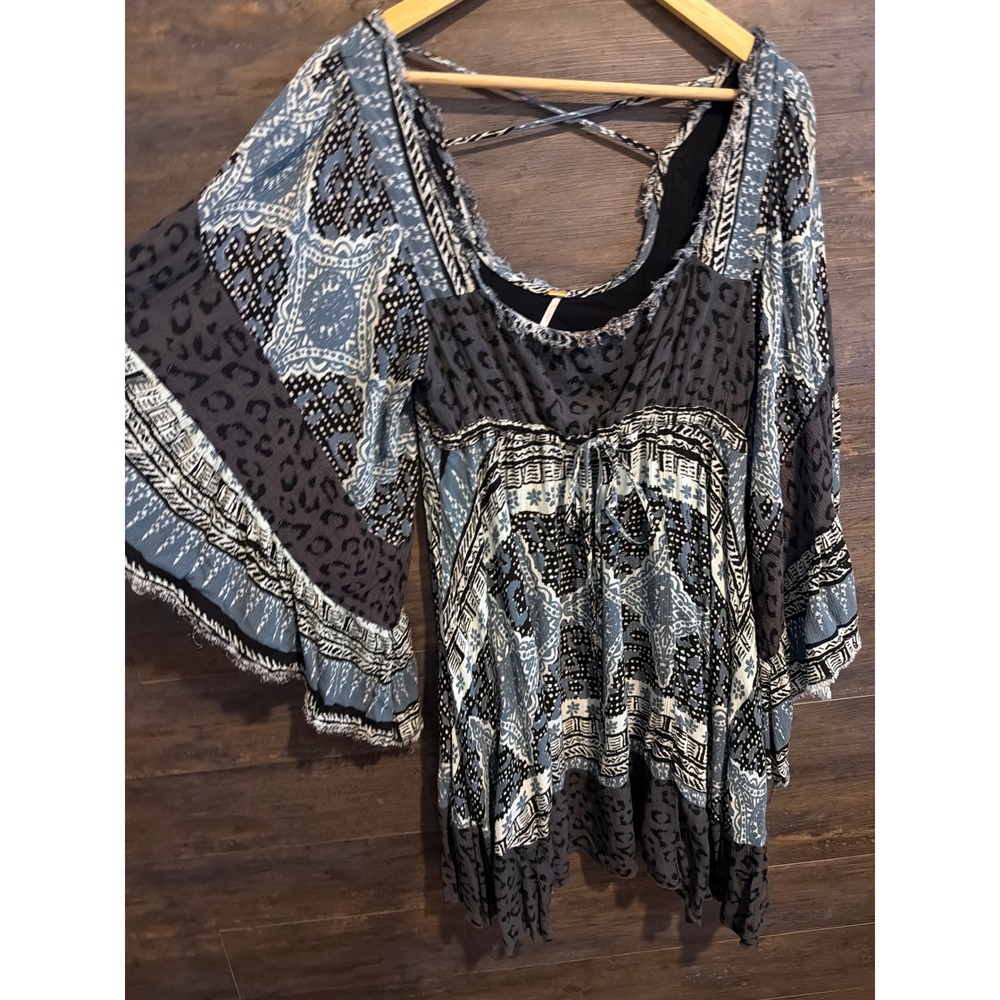 Free People Mixed Print Bell Sleeve Tunic Top Blue Leopard Paisley Small